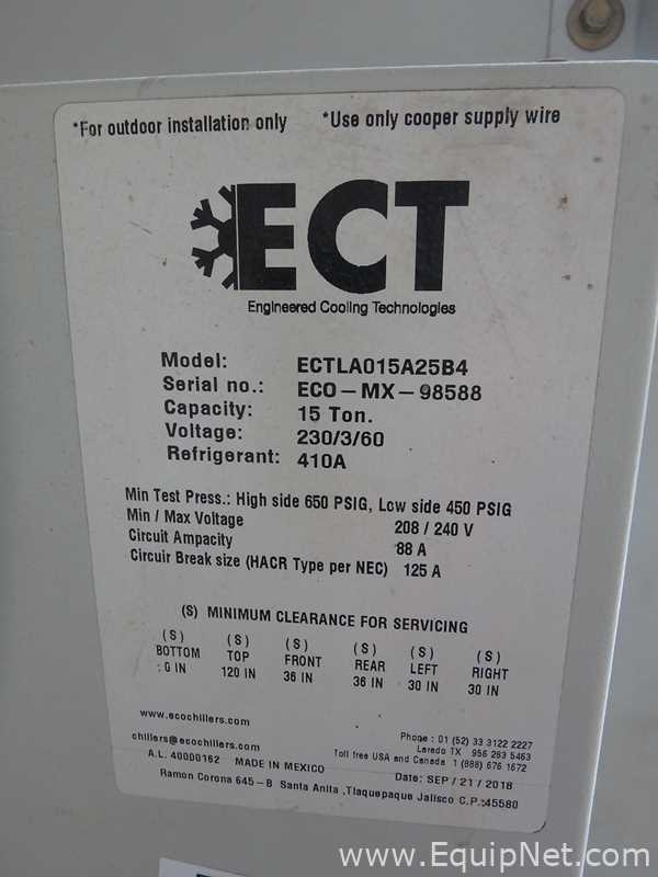 Enfriador de Agua Capacidad 15 TR marca ECT Engineered Cooling Technologies modelo ECTLA015A25B4