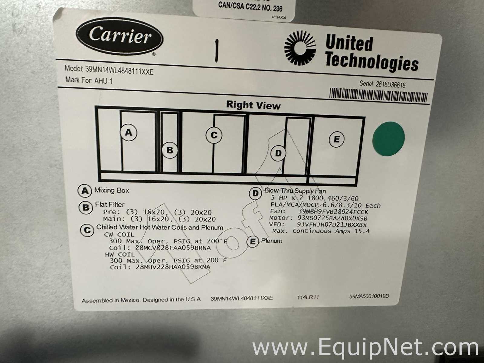Manipulador de Ar Carrier Corporation 39MN14WL4848111XXE
