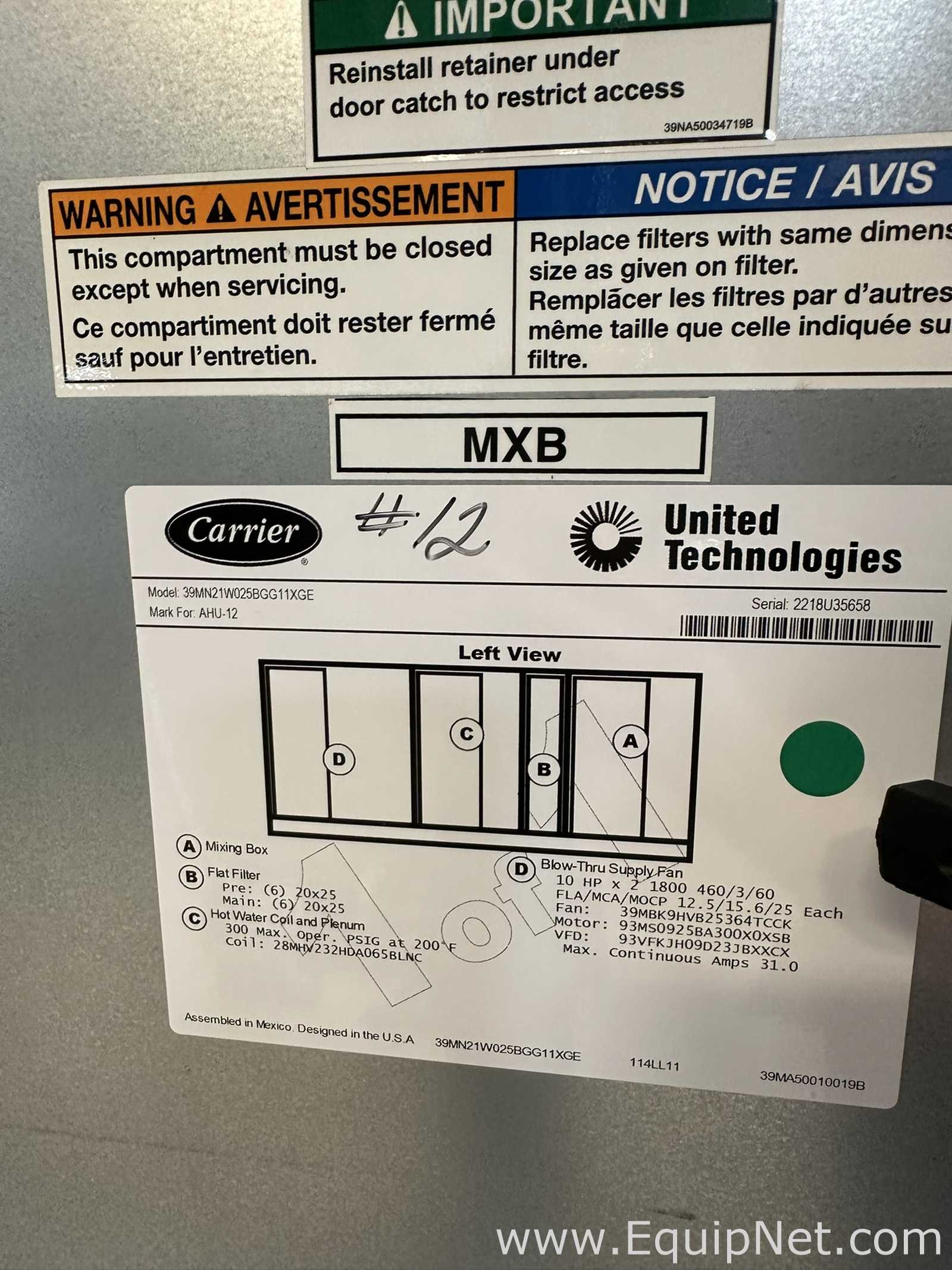 Manipulador de Ar Carrier Corporation 39MN21W025BGG11XGE