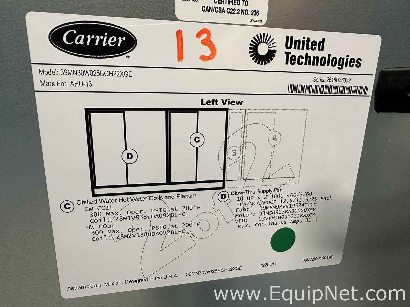 Manipulador de Ar Carrier Corporation 39MN30W025BGH12XGE / 39MN30W025BGH22XGE