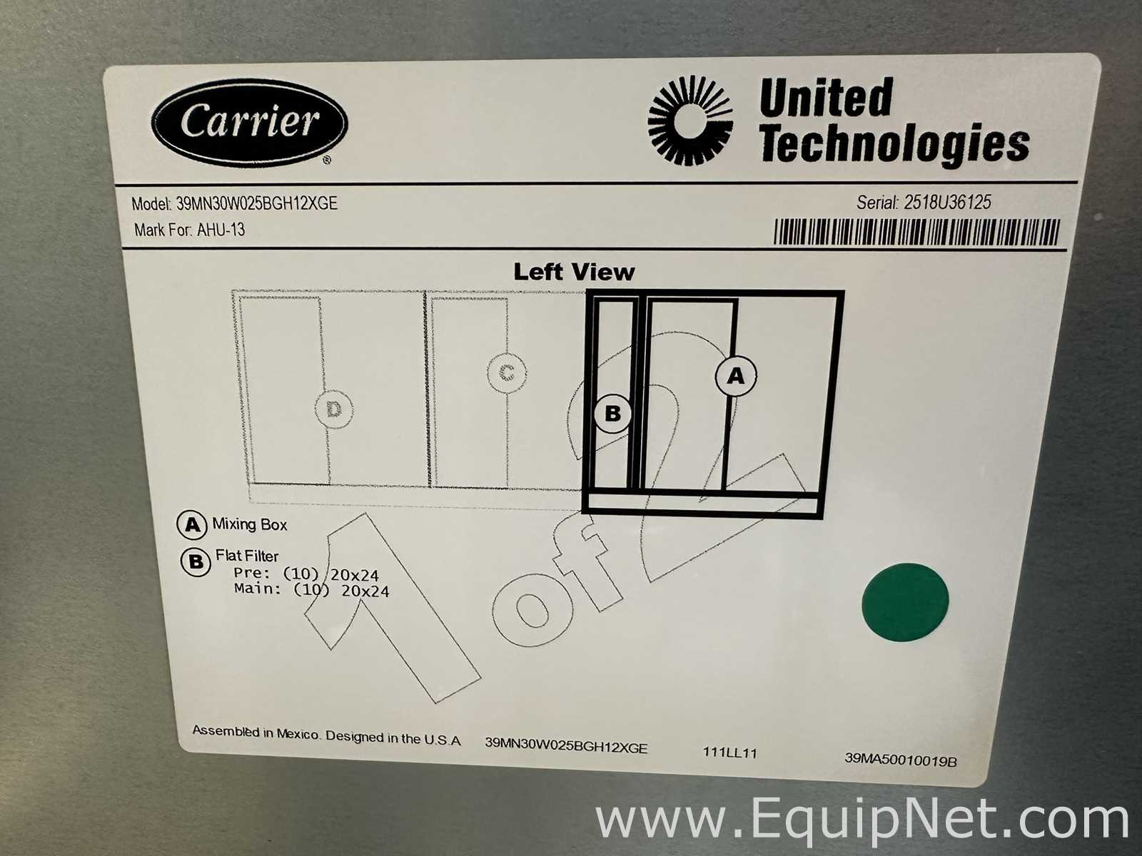 Manipulador de Ar Carrier Corporation 39MN30W025BGH12XGE / 39MN30W025BGH22XGE