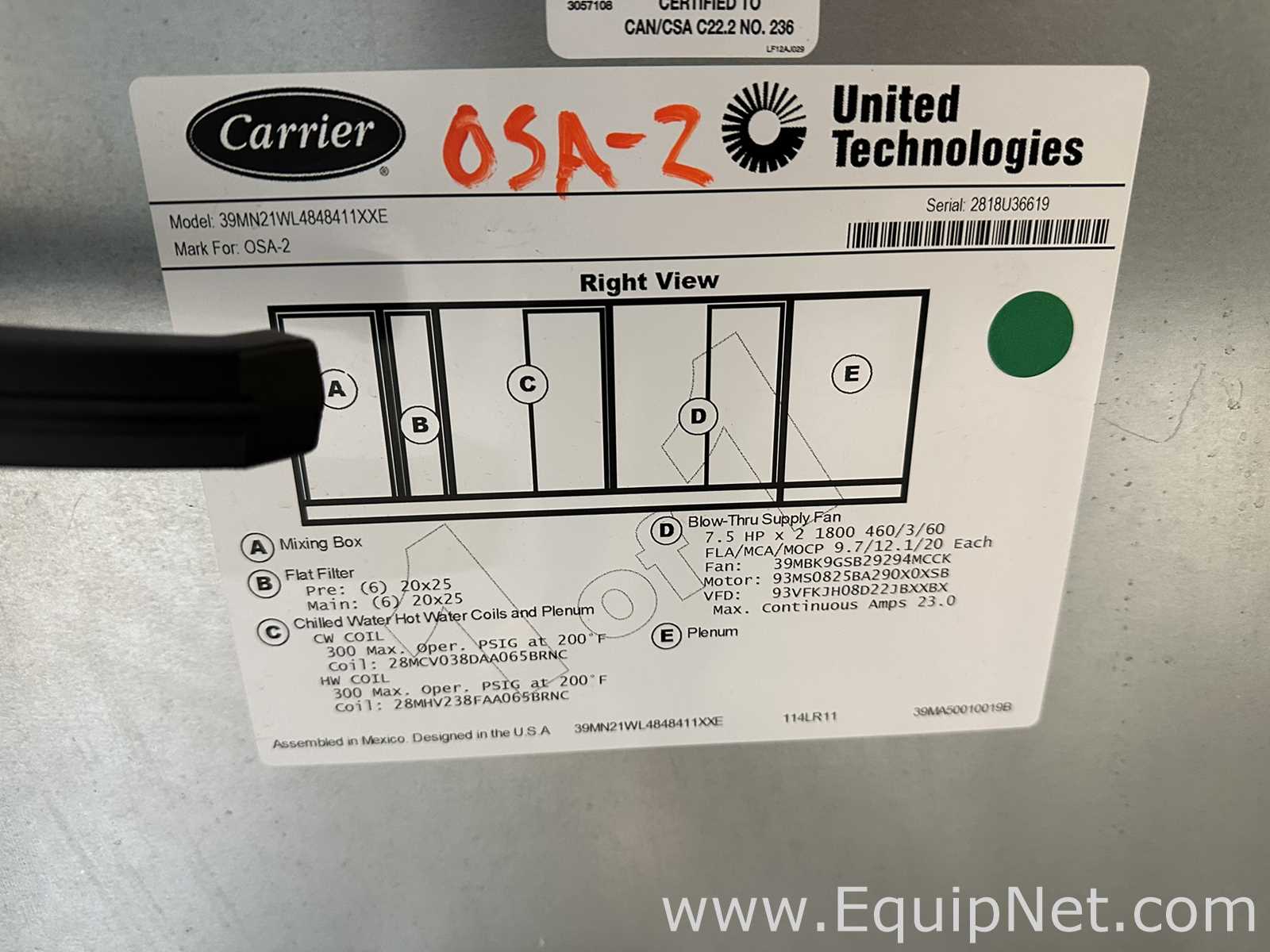 Manipulador de Ar Carrier Corporation 39MN21WL4848411XXE