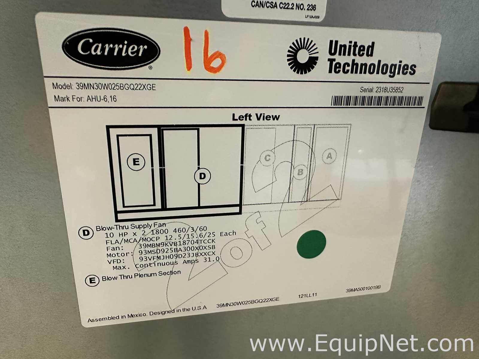 Manipulador de Ar Carrier Corporation 39MN30W025BGQ22XGE