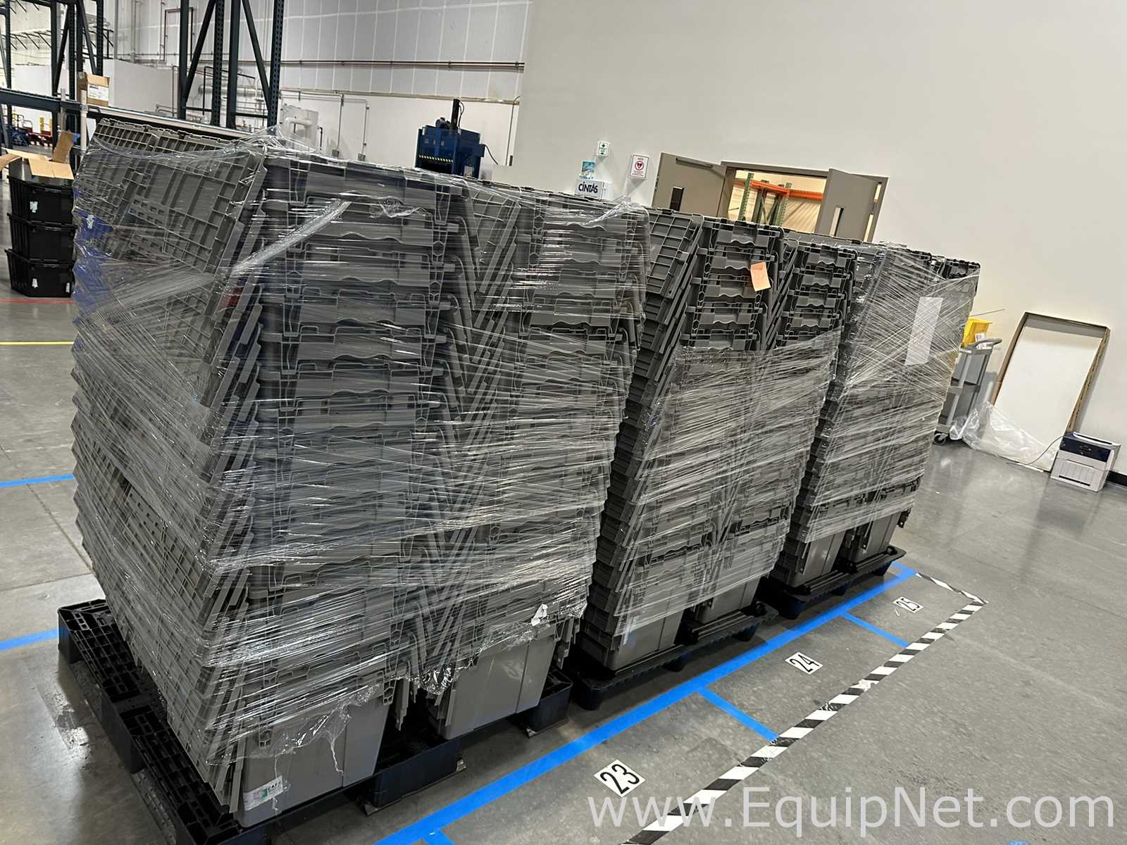 Lot of Gray Plastic Attached Lid Storage Totes on Pallets