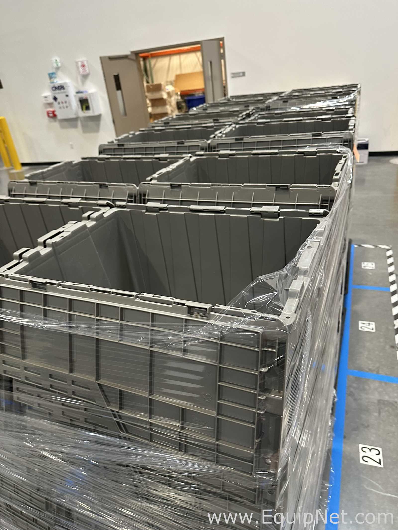 Lot of Gray Plastic Attached Lid Storage Totes on Pallets