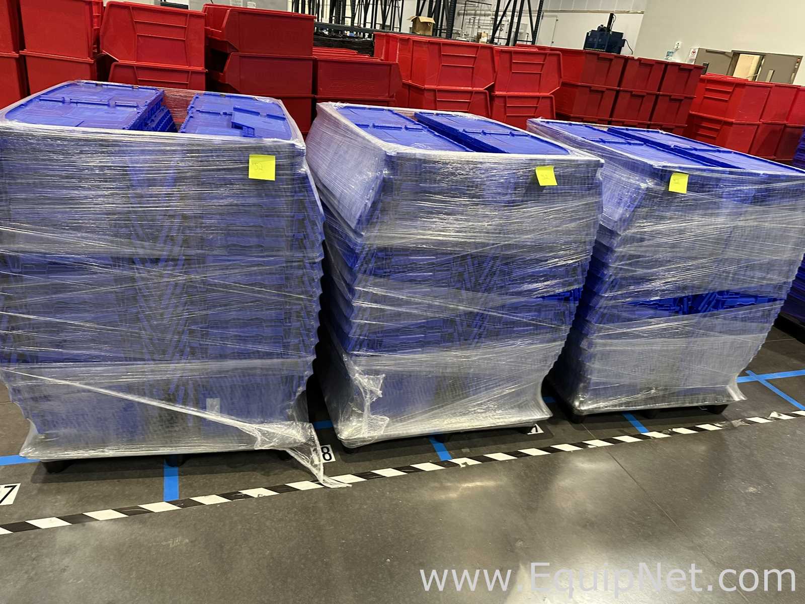 Lot of Blue Plastic Attached Lid Stackable Storage Totes