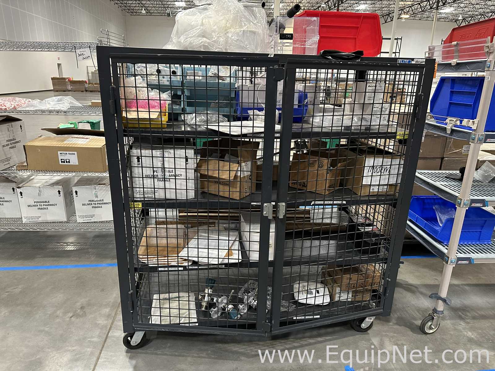Lot of Assorted Cleanroom and Laboratory Spare Parts with Mobile Security Cage Cart