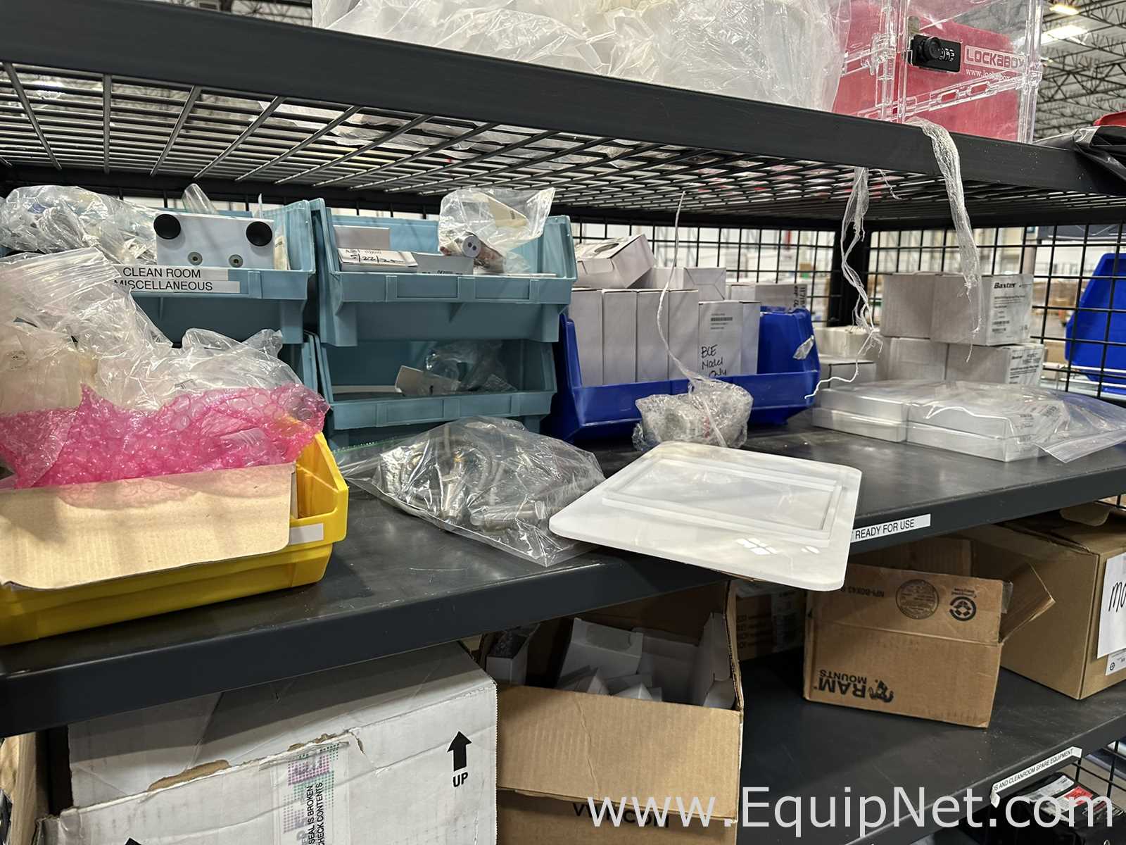 Lot of Assorted Cleanroom and Laboratory Spare Parts with Mobile Security Cage Cart