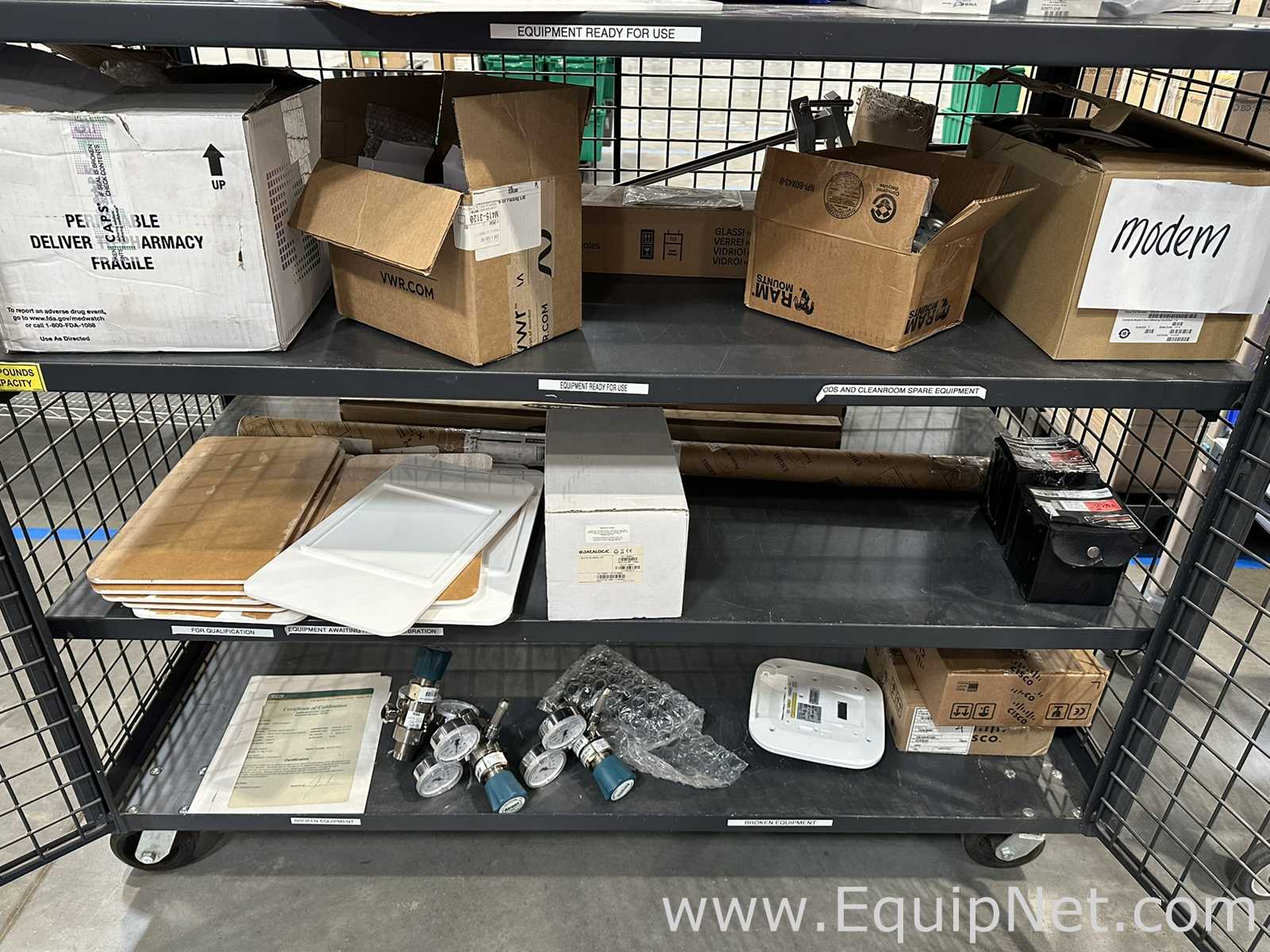 Lot of Assorted Cleanroom and Laboratory Spare Parts with Mobile Security Cage Cart
