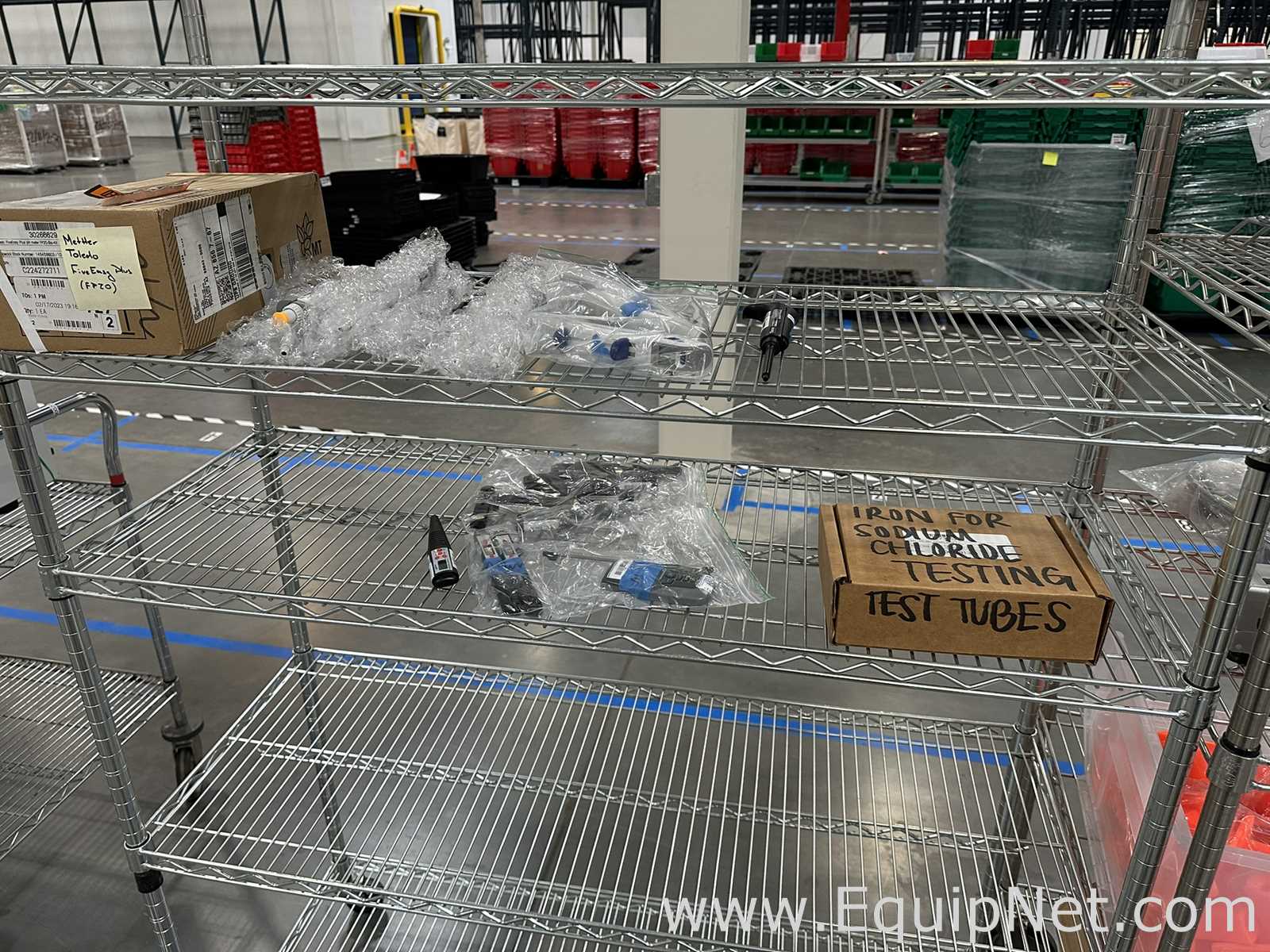 Chrome Wire Mobile Shelving Unit with Assorted Lab Contents
