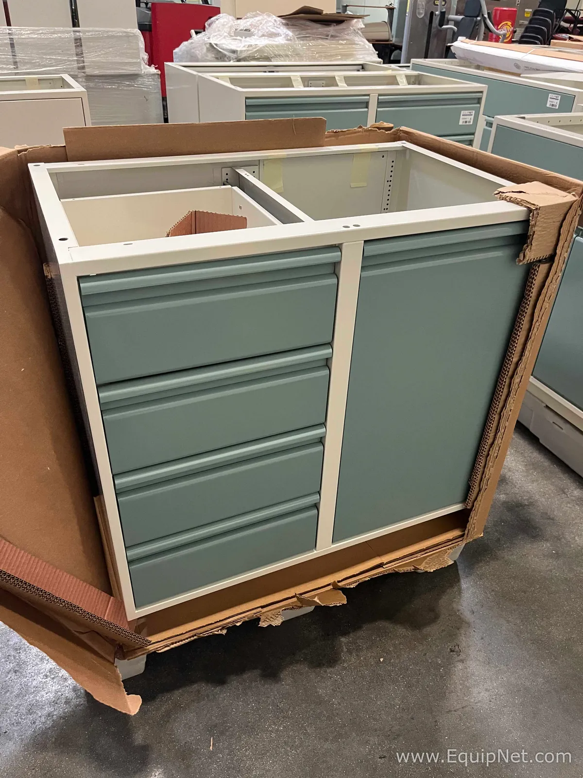 Lot of Lab Storage Counters and Cabinets, Agave and Light Neutral Colors and one pump