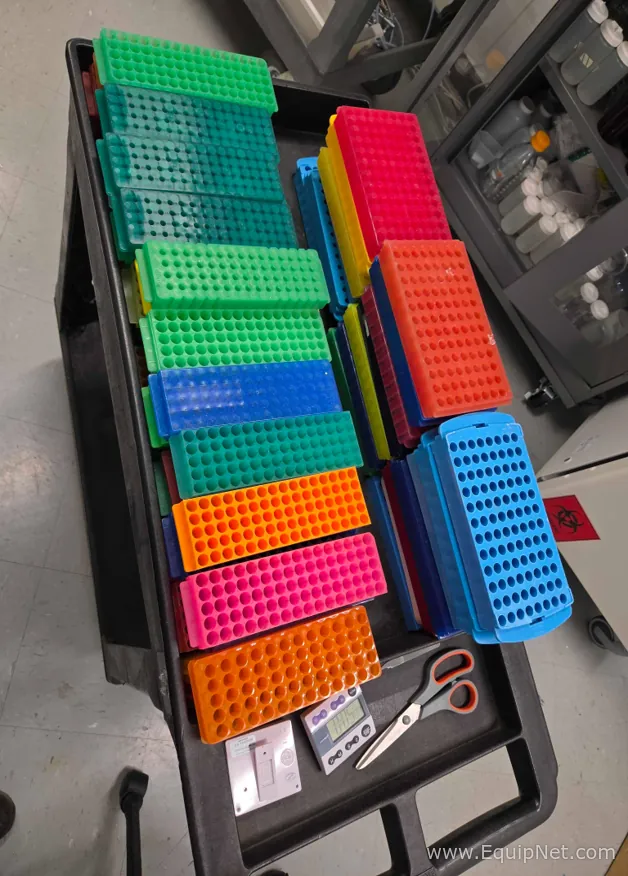 Lot of Assorted Laboratory Tube Racks and Plastic Beakers