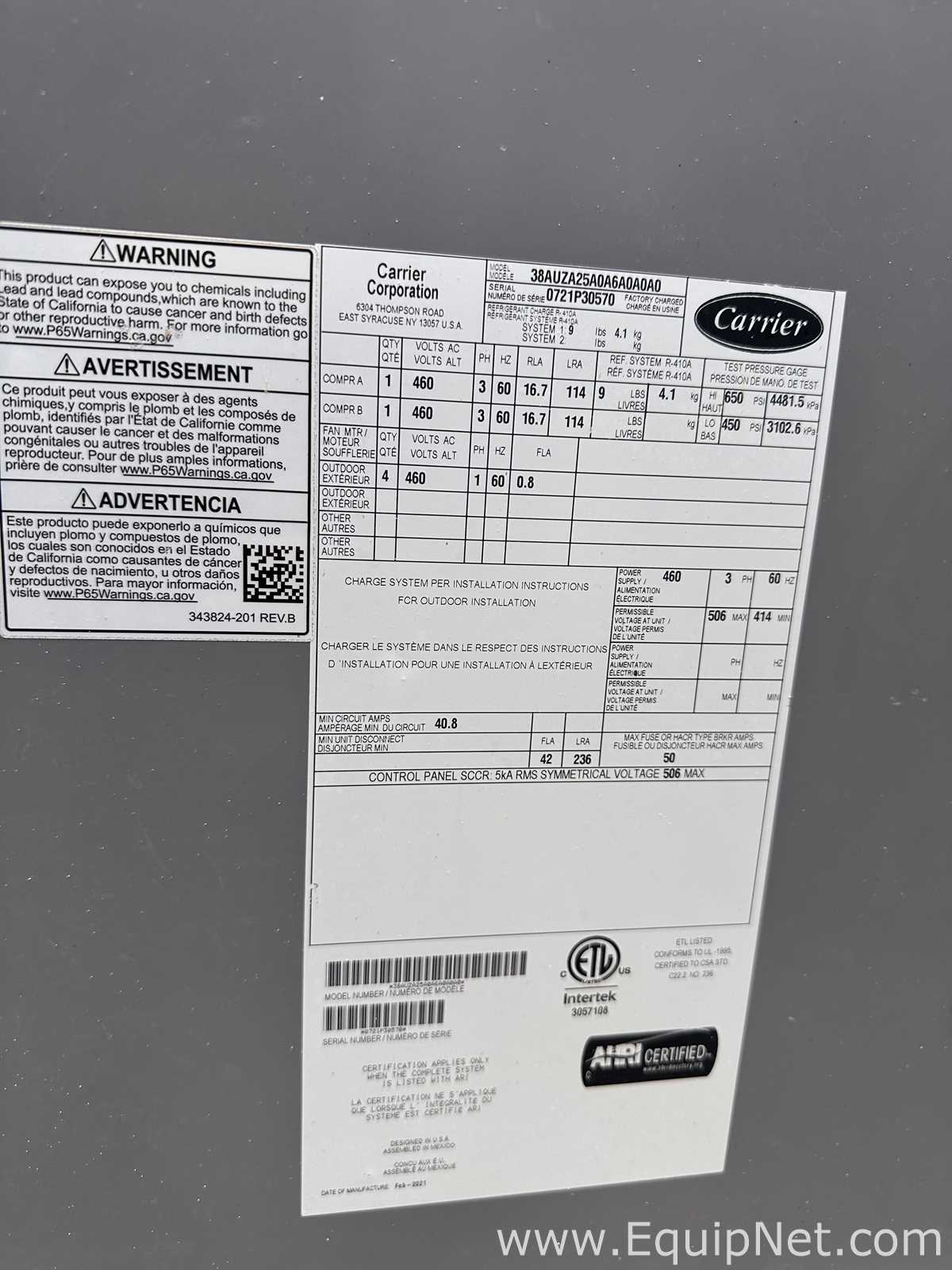 Carrier Industrial Refrigeration Unit/Air Conditioner with Safety Switch, Monitor and Control Panel