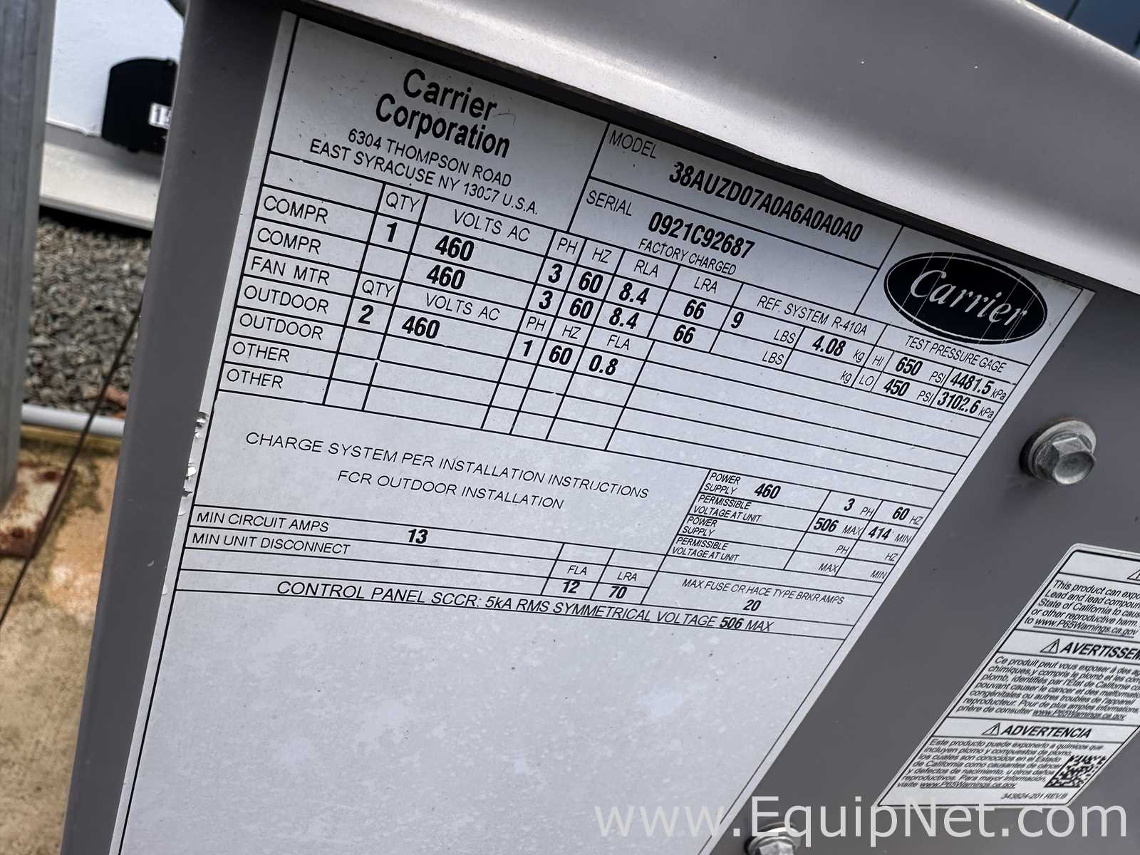 Carrier Industrial Refrigeration Unit/Air Conditioner with Safety Switch, Monitor and Control Panel