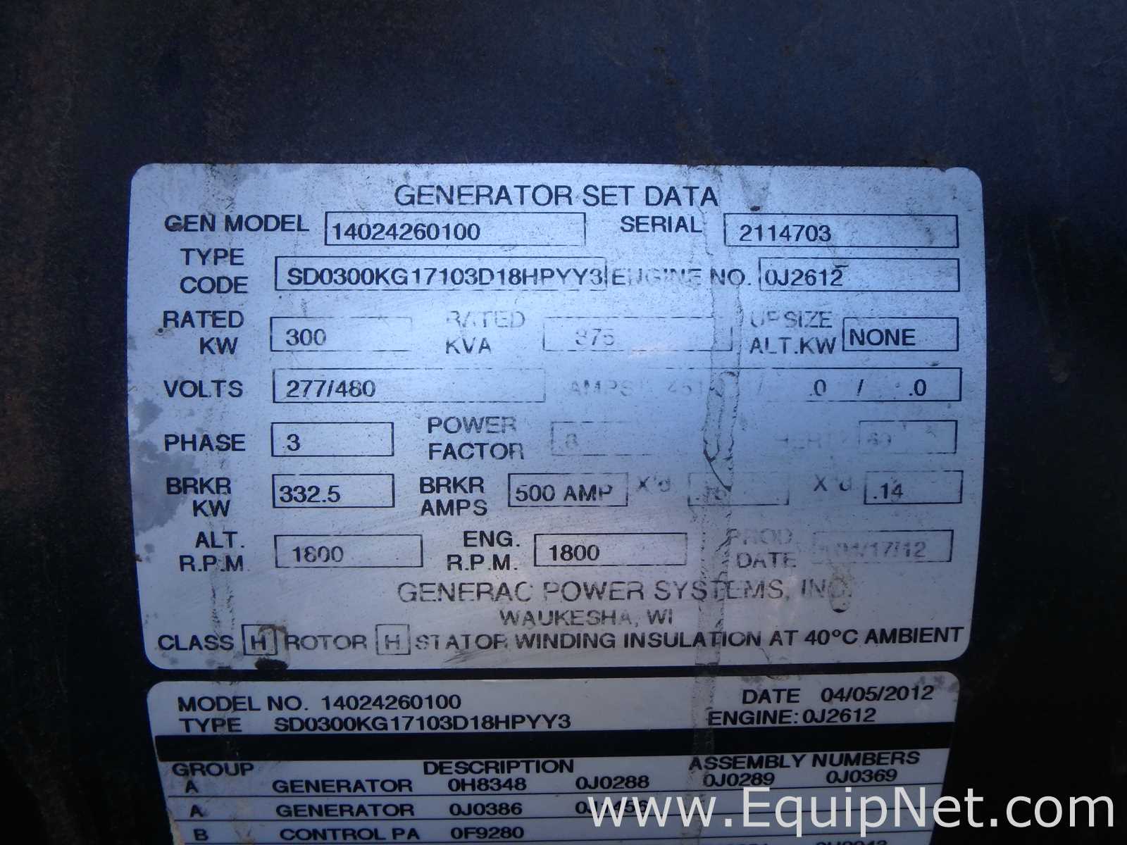Generac Model 14024260100 300 KW Backup Generator