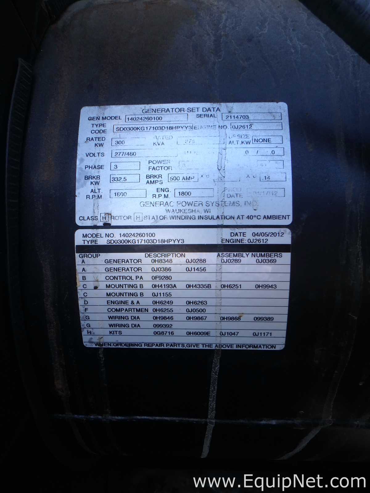 Generac Model 14024260100 300 KW Backup Generator