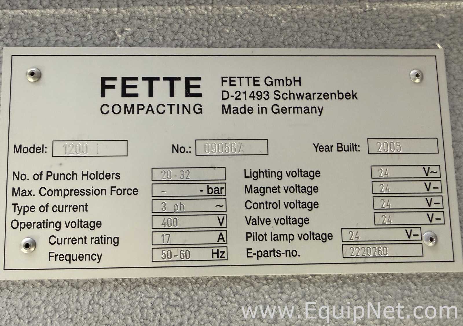 Fette 1200i Single Rotary Tablet Press