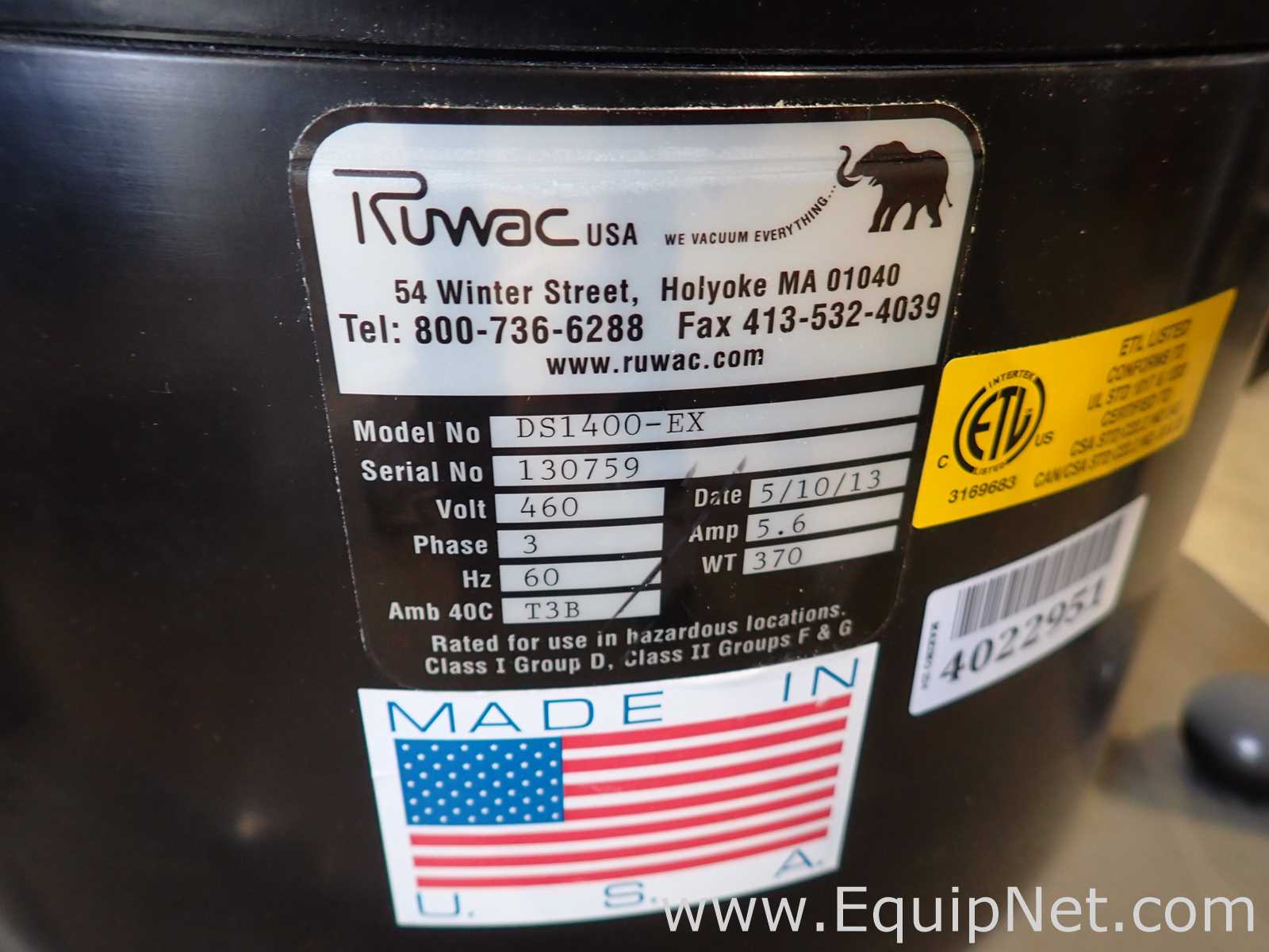Ruwac Inductriesauger Gmbh DS1400-EX Dust Collector Vacuum - Explosion-Proof - 9116