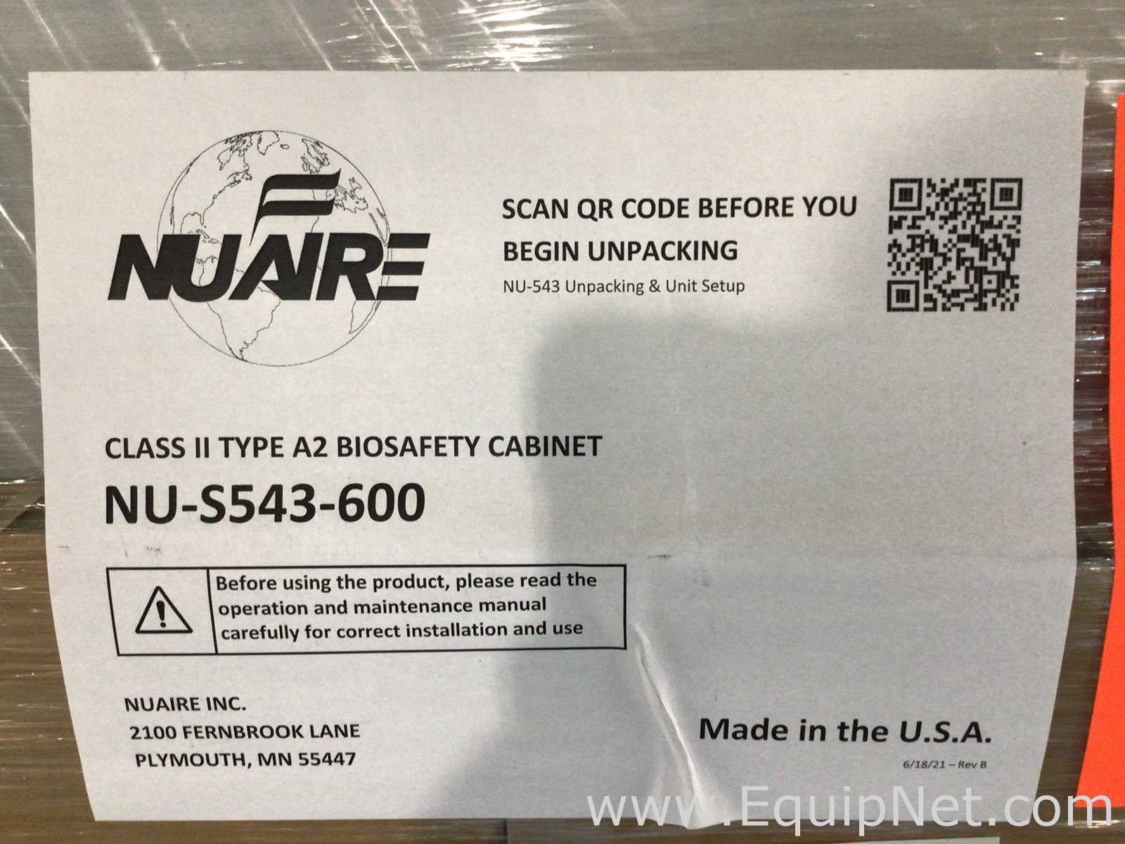 Unused Nuaire NU-S543-600 Class II Type A2 Biological Safety Cabinet