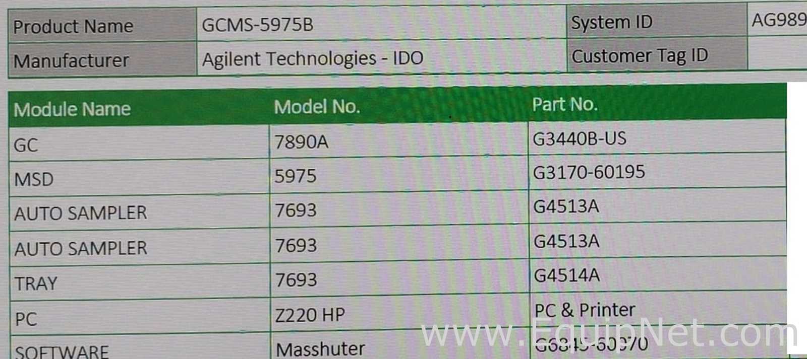 Agilent GC7890A Gas Chromatograph With MSD5975 ALS7693 PC Software Masshunter