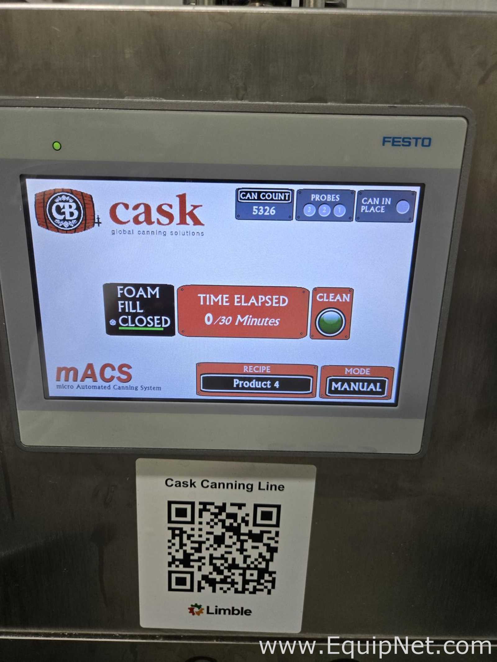 Cask mACS-100 3 Head Carbonated Filler and Seamer with Twist Rinse Infeed and Depalletizer