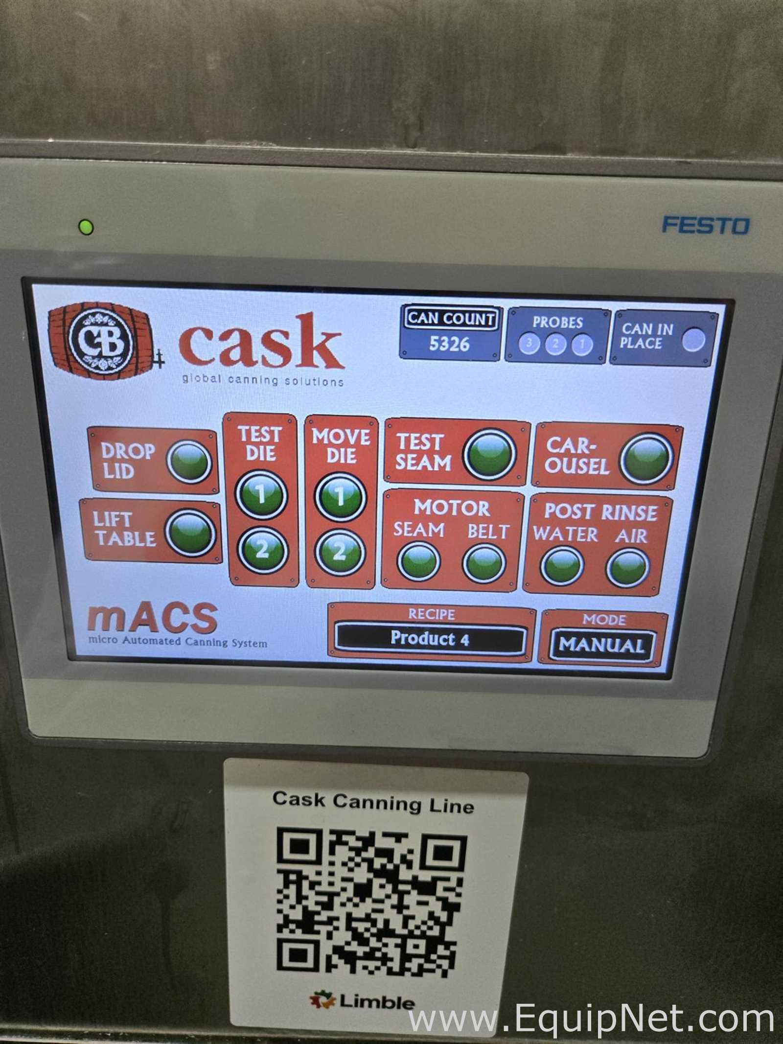 Cask mACS-100 3 Head Carbonated Filler and Seamer with Twist Rinse Infeed and Depalletizer