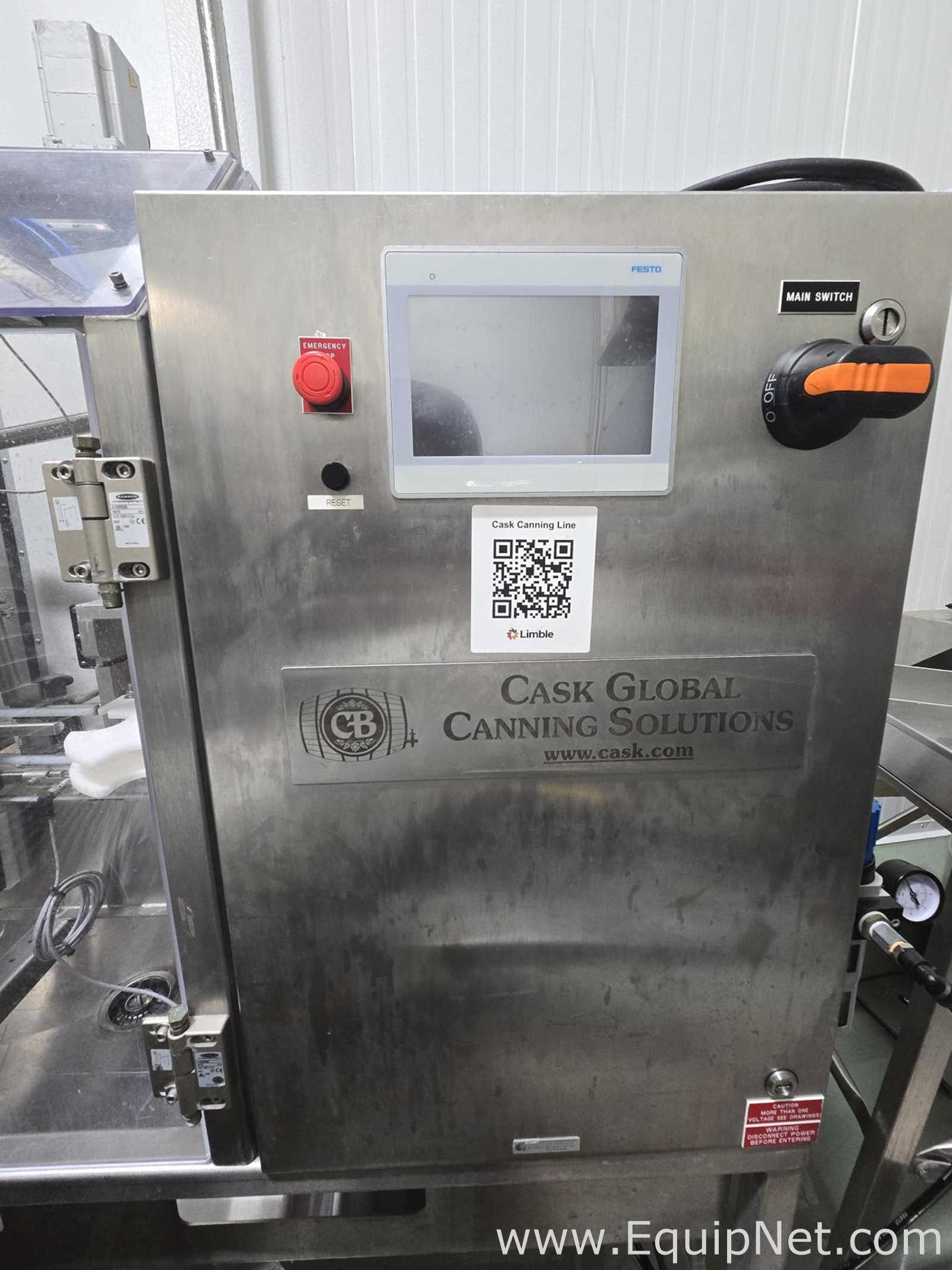 Cask mACS-100 3 Head Carbonated Filler and Seamer with Twist Rinse Infeed and Depalletizer