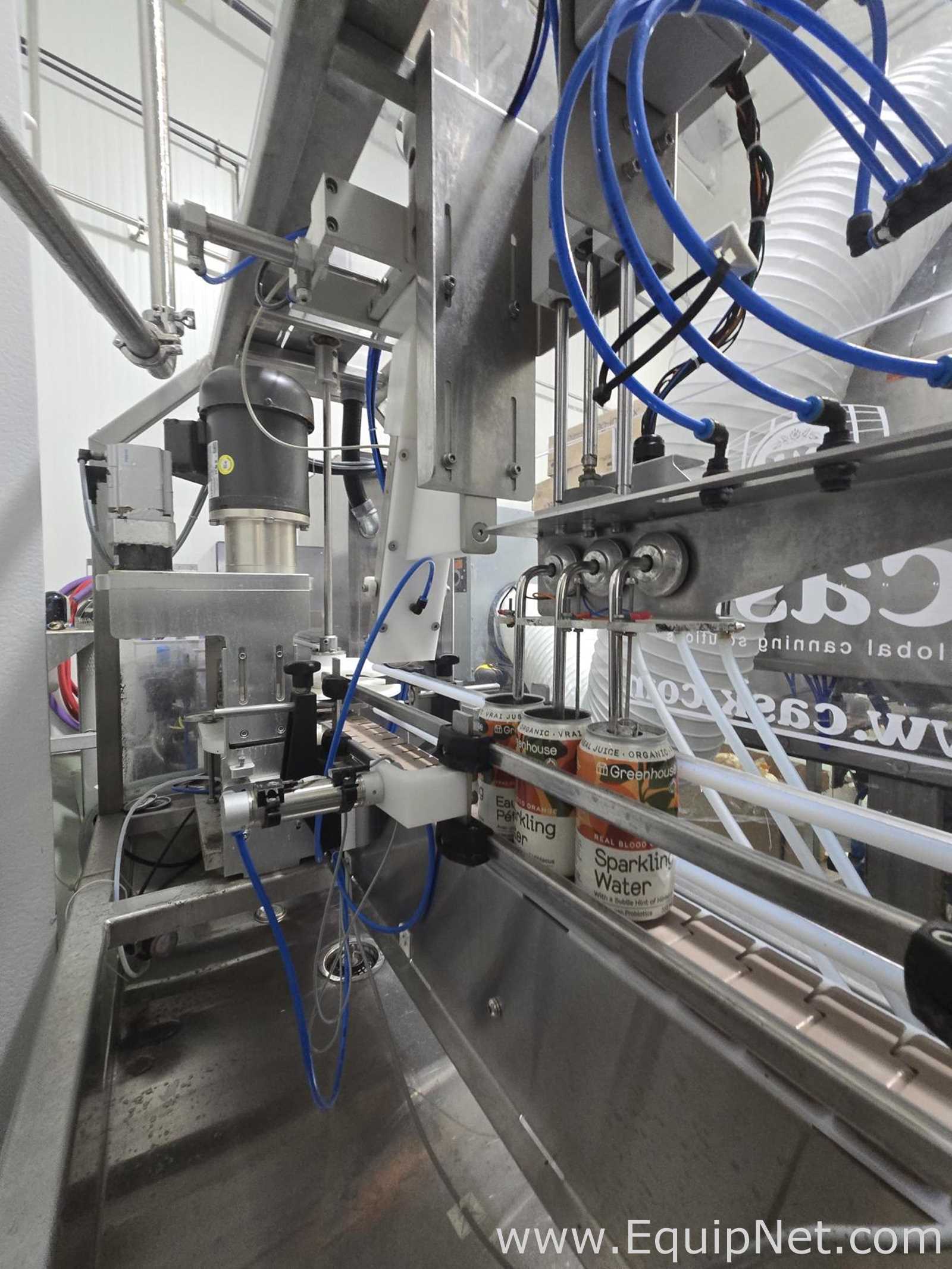 Cask mACS-100 3 Head Carbonated Filler and Seamer with Twist Rinse Infeed and Depalletizer