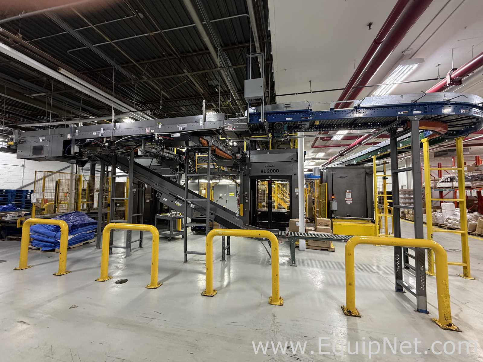 Dual Columbia HL 2000 Palletizers with Wulftec Pallet Wrapper and Ryson Spiral Case Conveyor