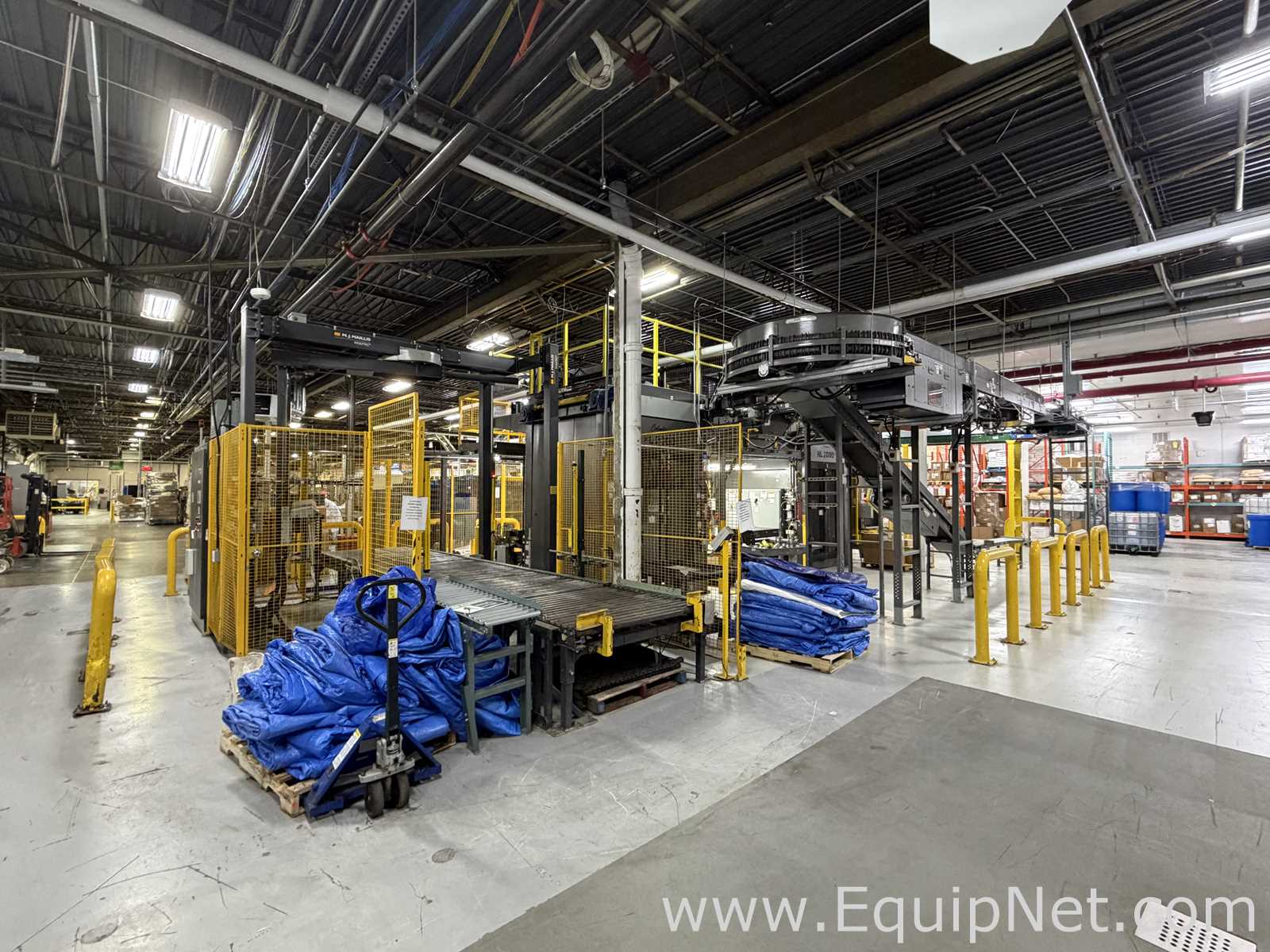 Dual Columbia HL 2000 Palletizers with Wulftec Pallet Wrapper and Ryson Spiral Case Conveyor