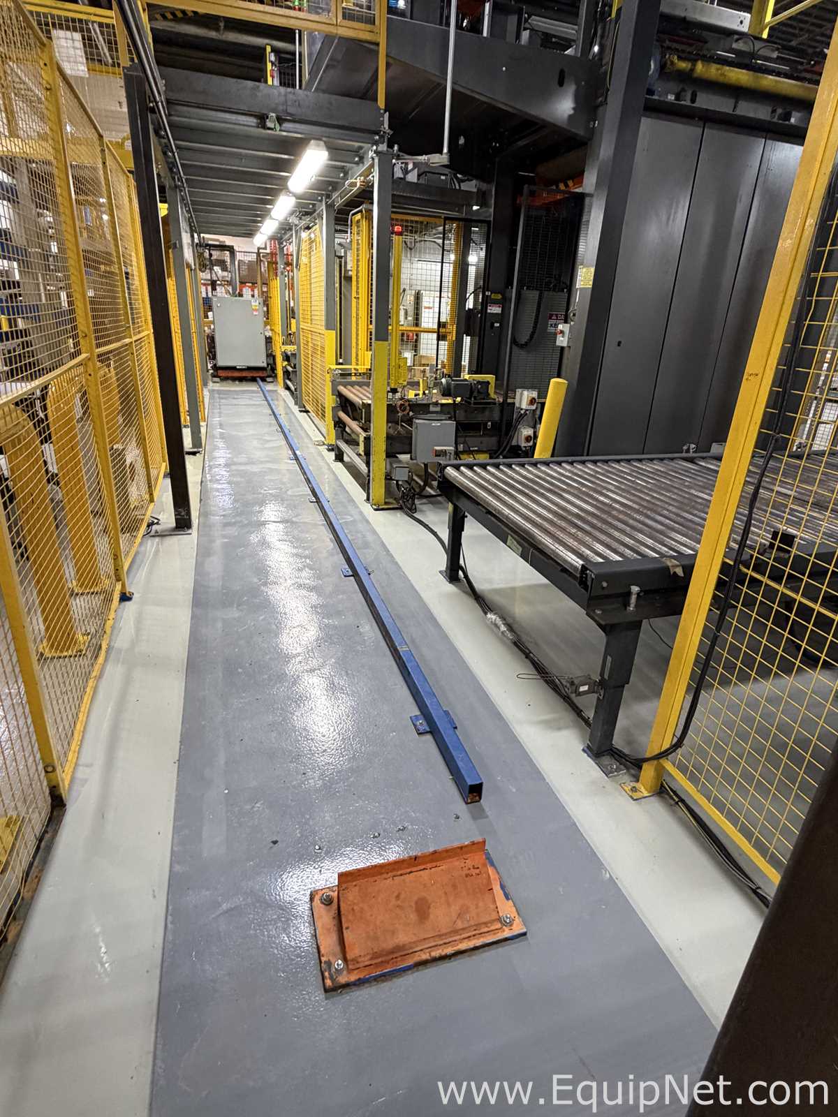 Dual Columbia HL 2000 Palletizers with Wulftec Pallet Wrapper and Ryson Spiral Case Conveyor