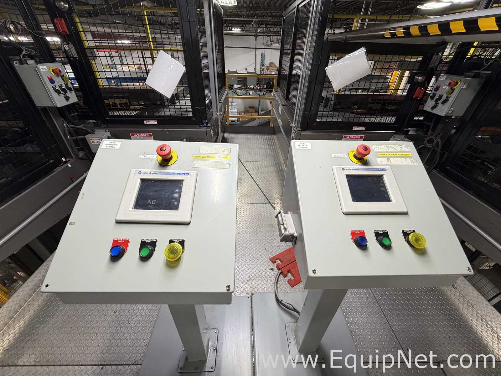 Dual Columbia HL 2000 Palletizers with Wulftec Pallet Wrapper and Ryson Spiral Case Conveyor