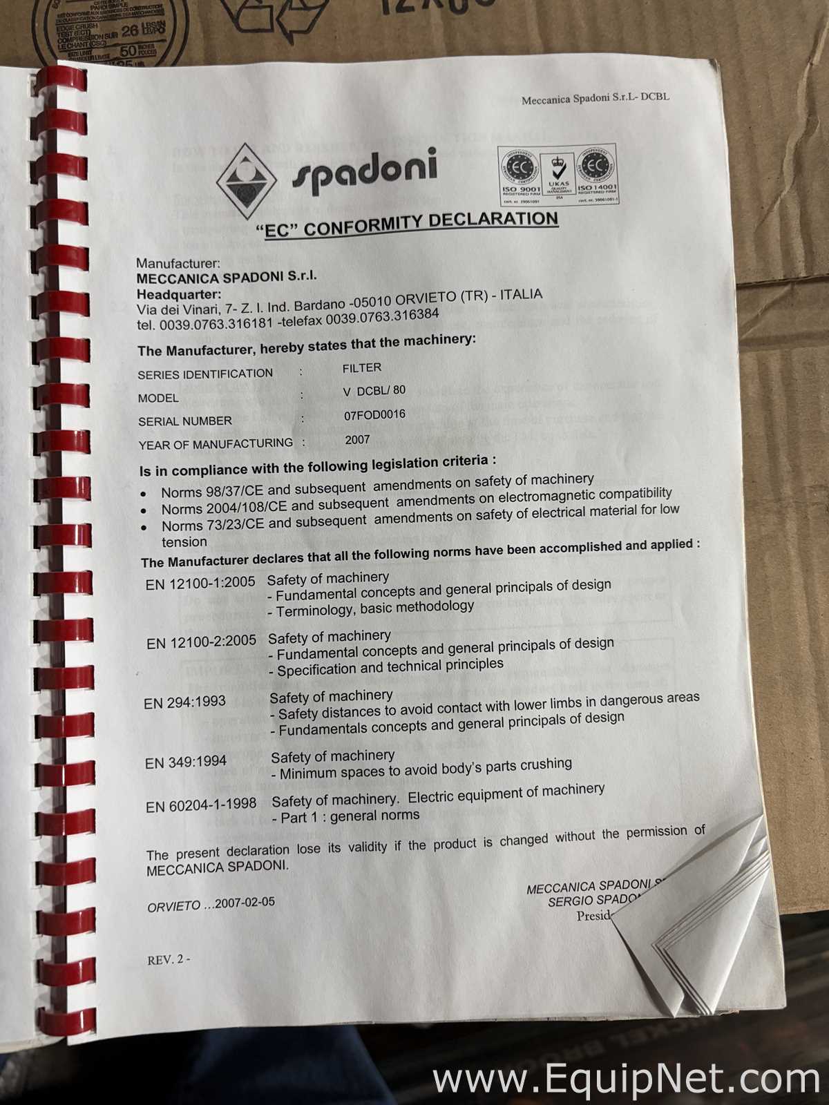 Spadoni V DCBL/80 Diatomaceous Earth DE Horizontal Screen Plate Filter